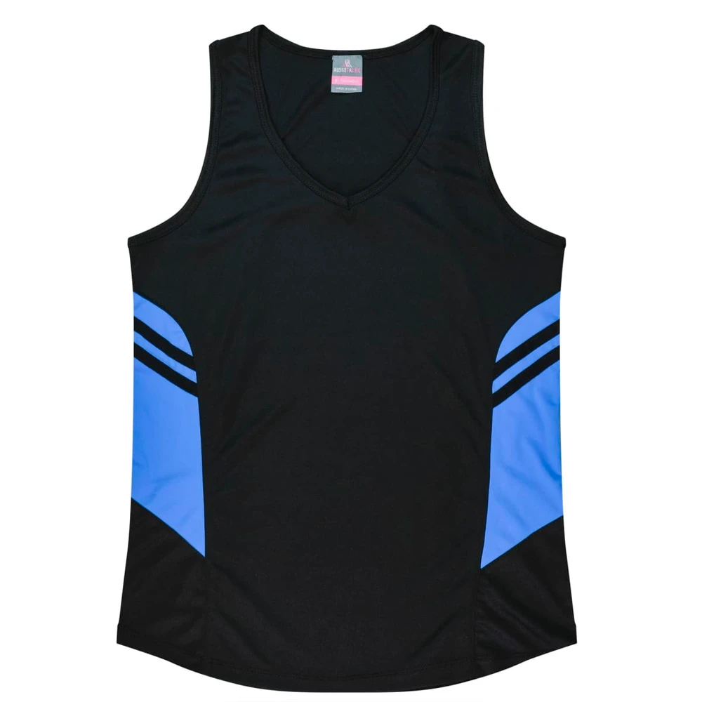 A black singlet with blue accents, featuring a v-neck design and a logo on the label.