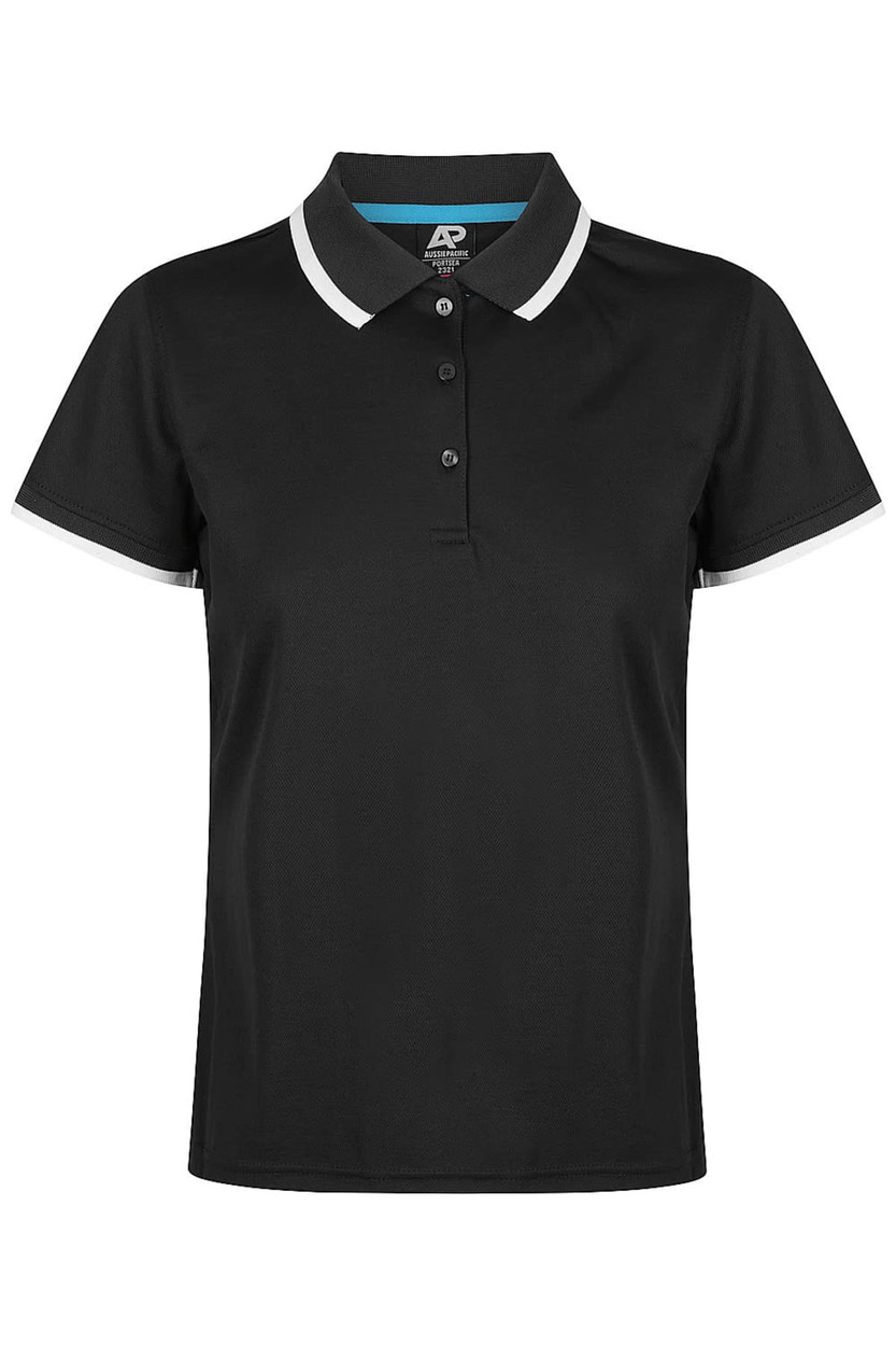 A black polo shirt featuring a classic collar and contrasting trim, complete with a logo.