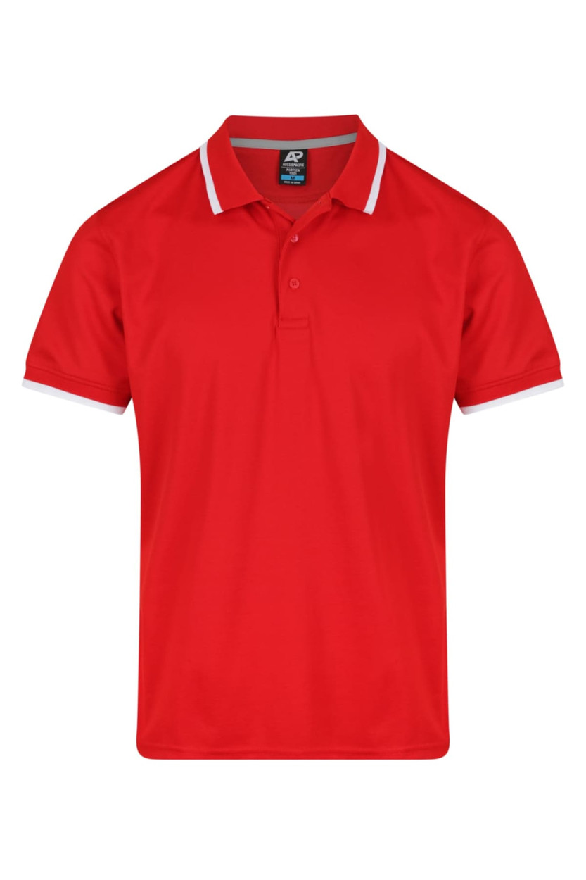 A red polo shirt with a contrasting collar and sleeve details, featuring a logo.