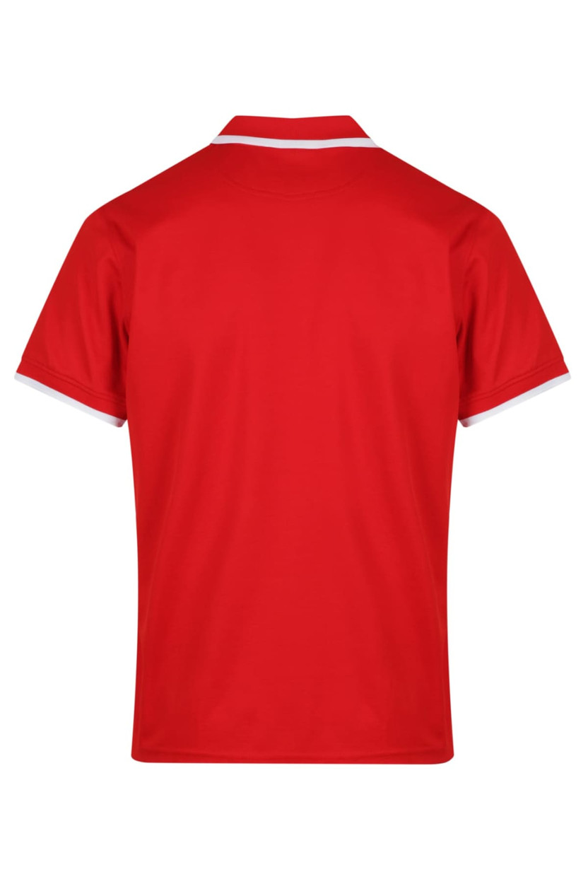 A red polo shirt with a white collar and sleeve accents, featuring a logo.