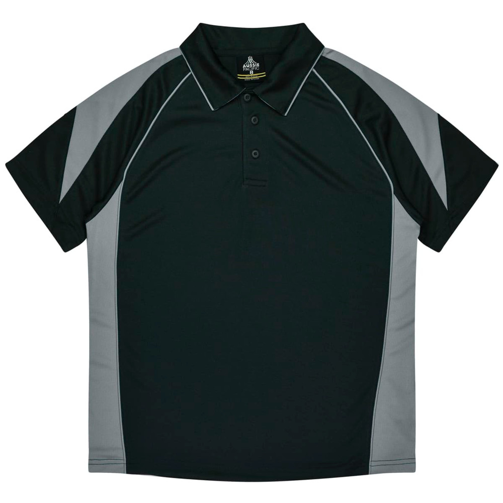 A dark green polo shirt with grey side panels and a collar, featuring a logo.