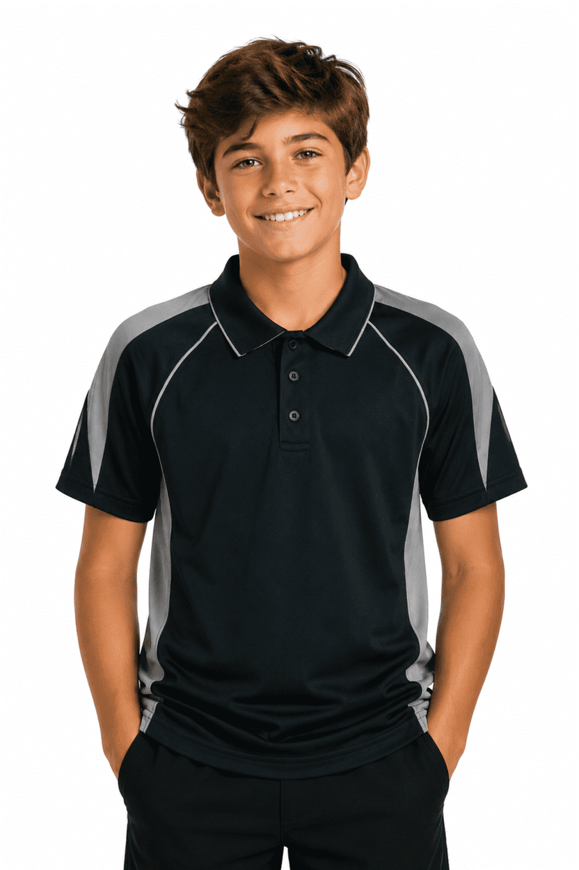 A polo shirt for kids in black with grey accents, featuring a collar and short sleeves. It has a logo on the chest.
