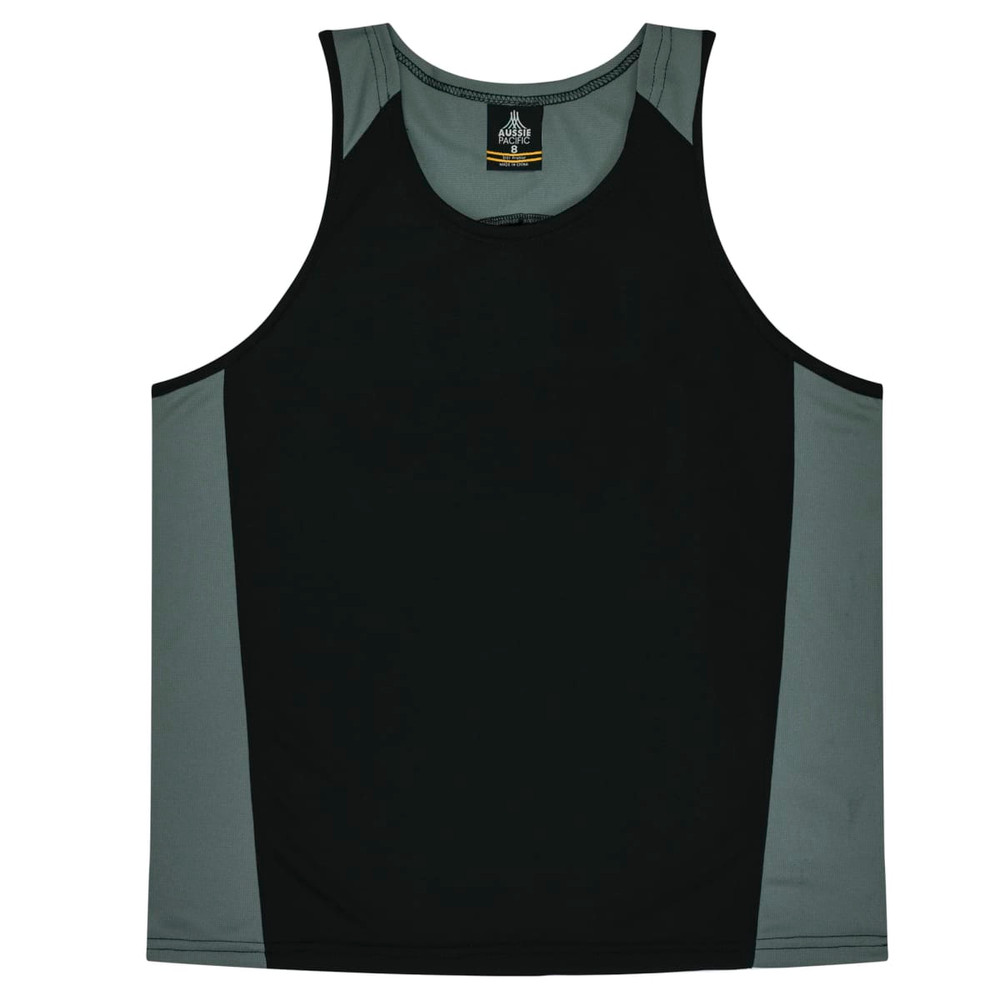 A black singlet with grey side panels, featuring a logo on the label area.