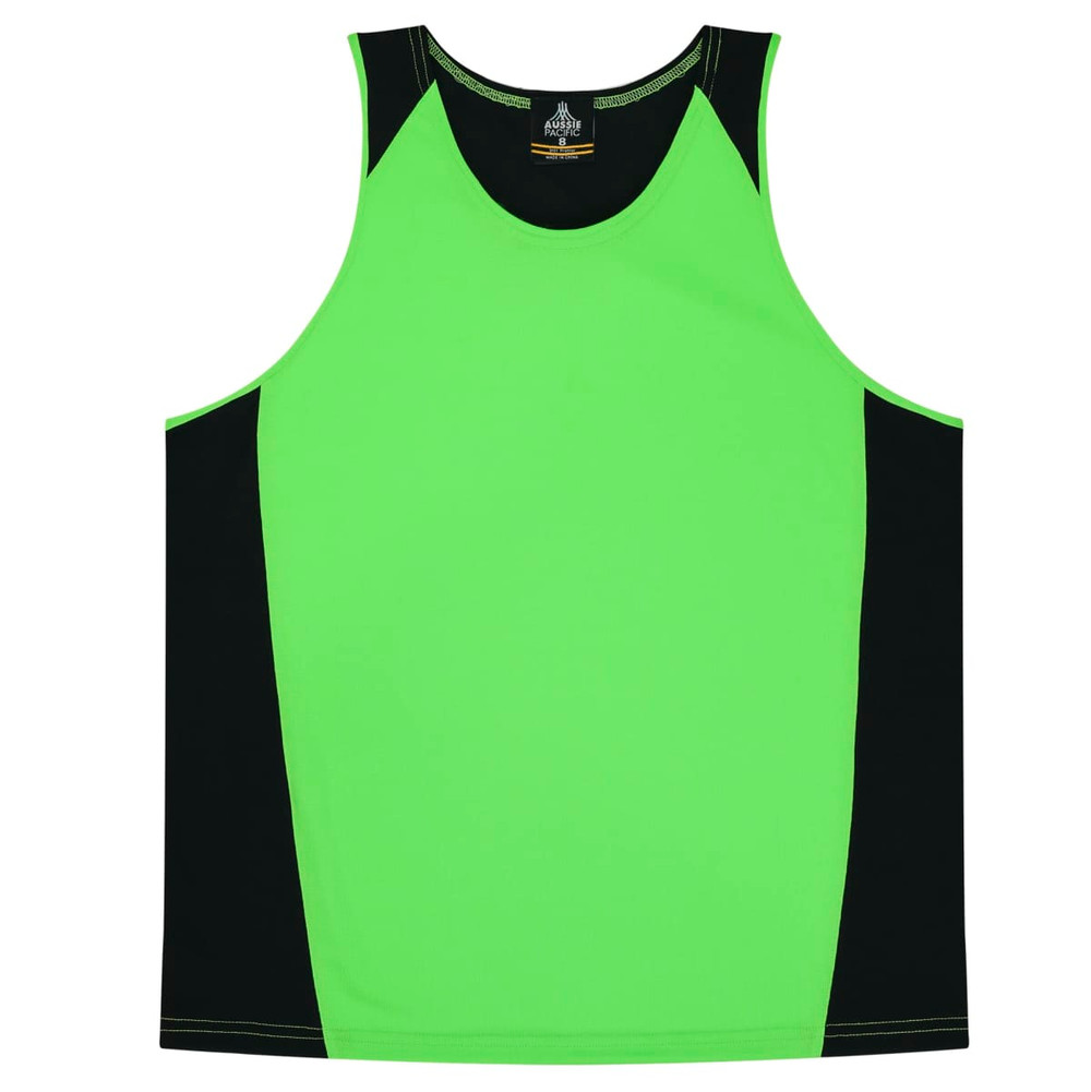 A bright green and black singlet featuring a logo. Suitable for active wear and casual outings.