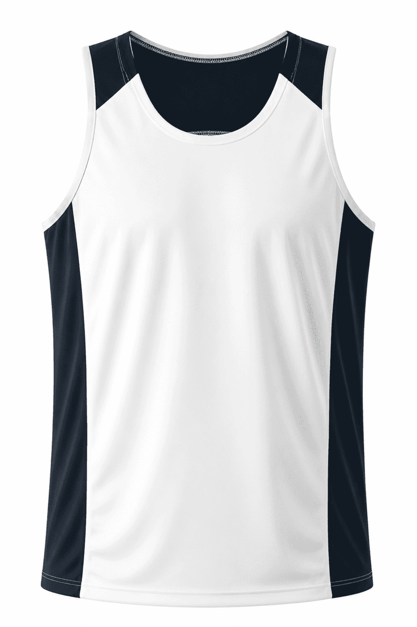 A white and navy singlet with a crew neck and contrasting side panels, featuring a logo.