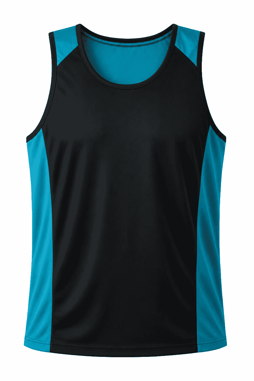 A black and teal men's singlet featuring a branded logo. Suitable for active wear.