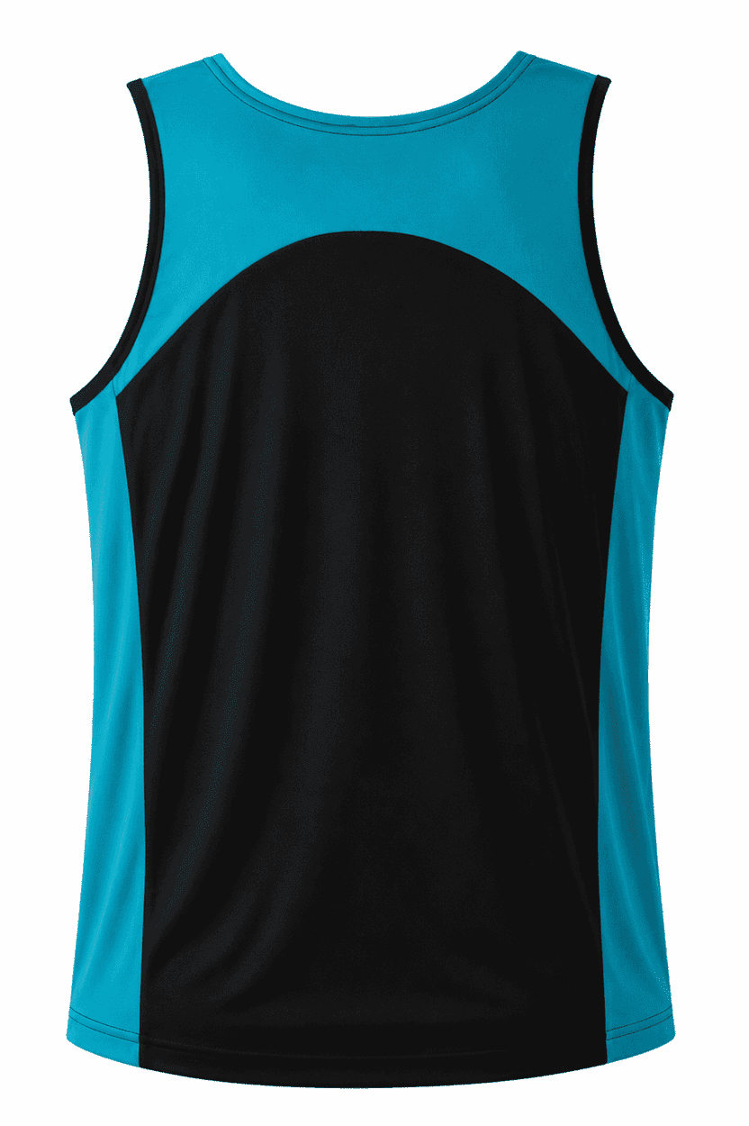 A men's singlet featuring a black body with turquoise accents on the shoulders and sides. It has a branding logo.