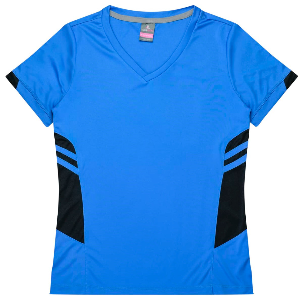 A blue women's t-shirt featuring black side panels and a v-neck design. The shirt includes a logo.