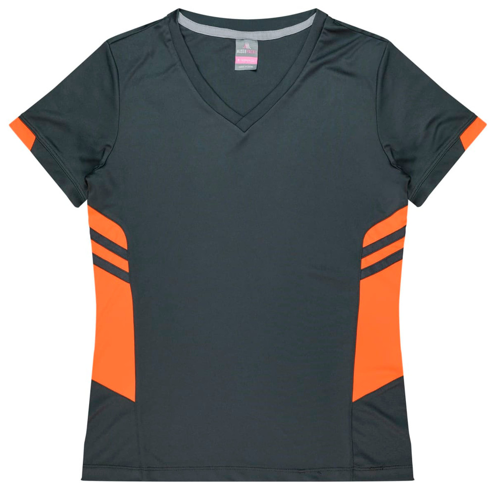 A dark green women's t-shirt with orange side accents and a v-neck design. It features branding on the label.