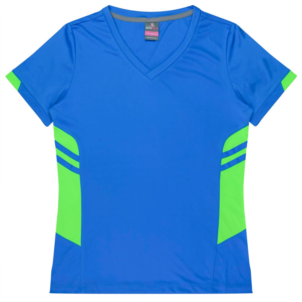 A blue women’s t-shirt featuring green accents and a V-neck design, with logo branding included.