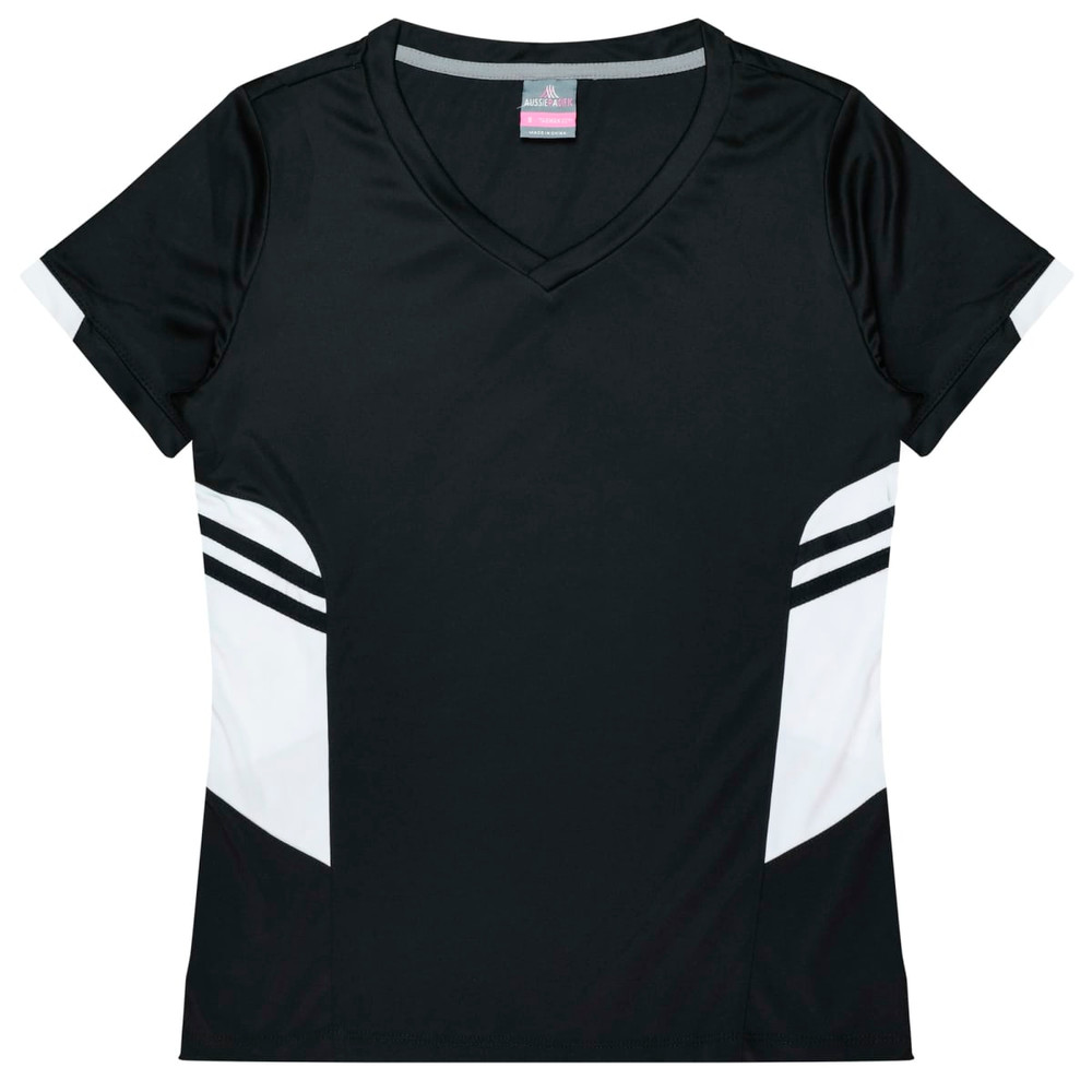 A black women's t-shirt featuring white side panels and a v-neck design, with a logo on the chest area.
