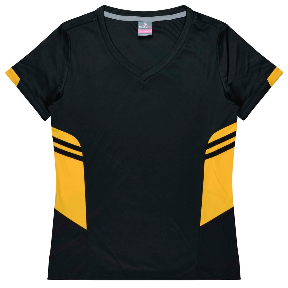 A black and yellow women's T-shirt with a V-neck and contrasting side panels. It features a branding logo.