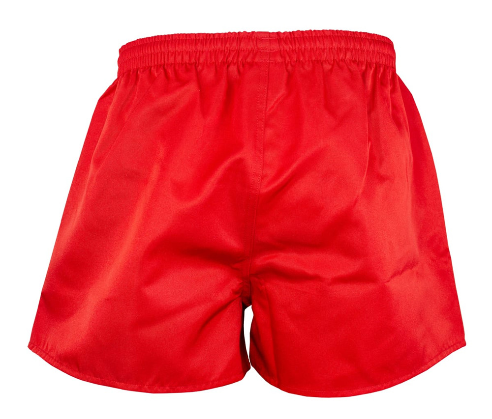 Bright red rugby shorts with an elasticised waistband and a plain back, featuring a logo.