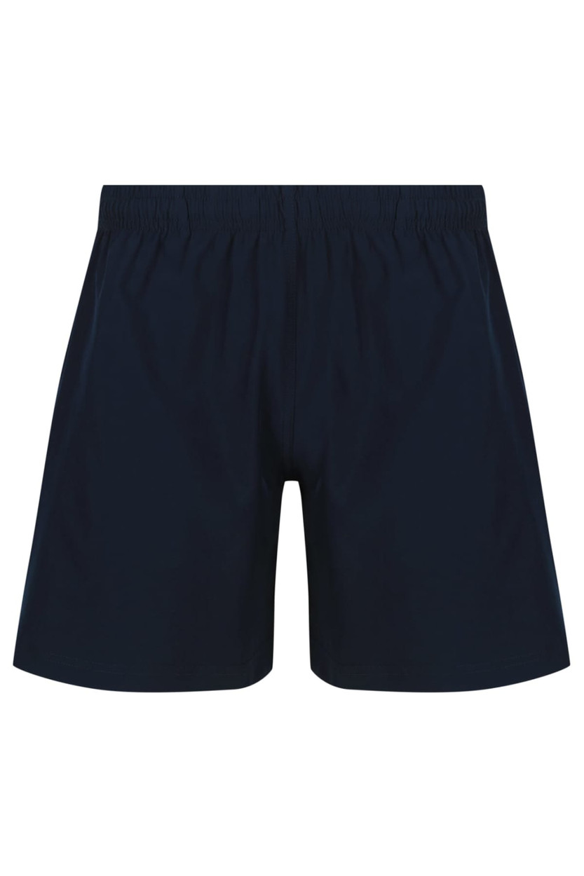 Navy blue men's sports shorts with an elastic waistband and logo branding. Ideal for school uniforms.