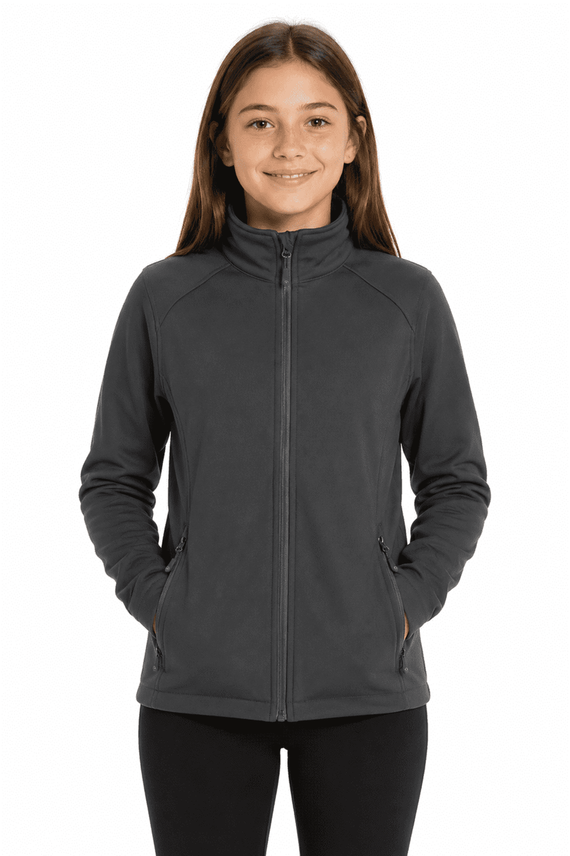A soft shell jacket in dark grey, featuring a front zipper and side pockets, designed for kids.