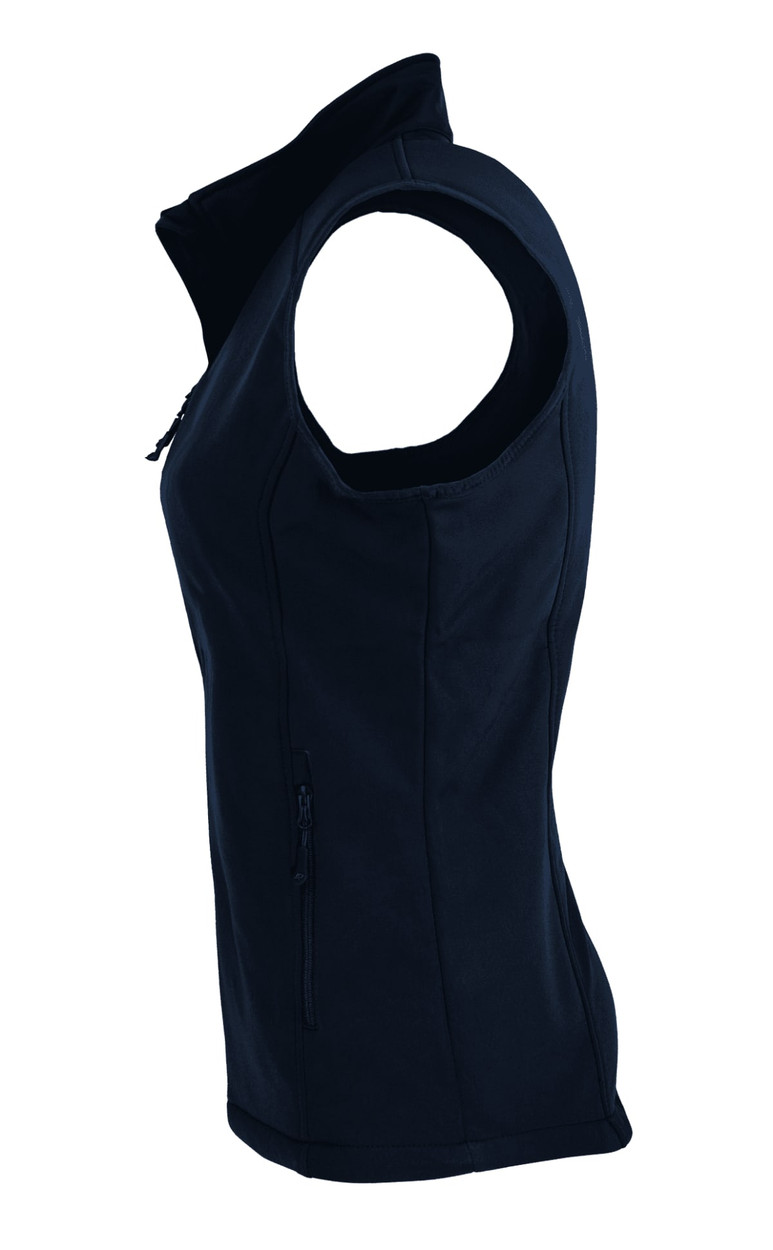 A black women's vest with a zip and sleeveless design, featuring a side view and a logo on the fabric.
