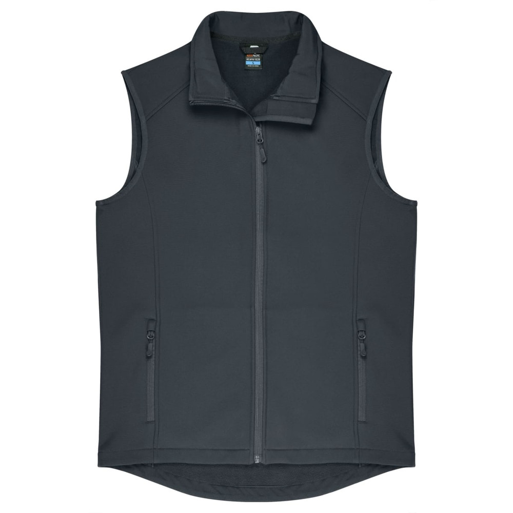 A dark grey men's vest featuring a high collar, zip front, and two side pockets. It has a logo on the chest.