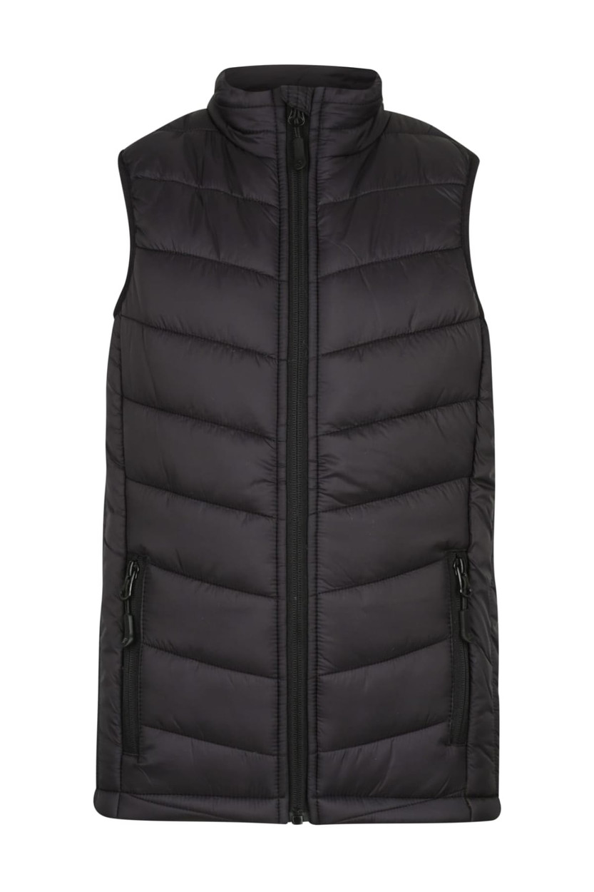 A black padded vest with a high collar and zip-up front, featuring side pockets and a logo.