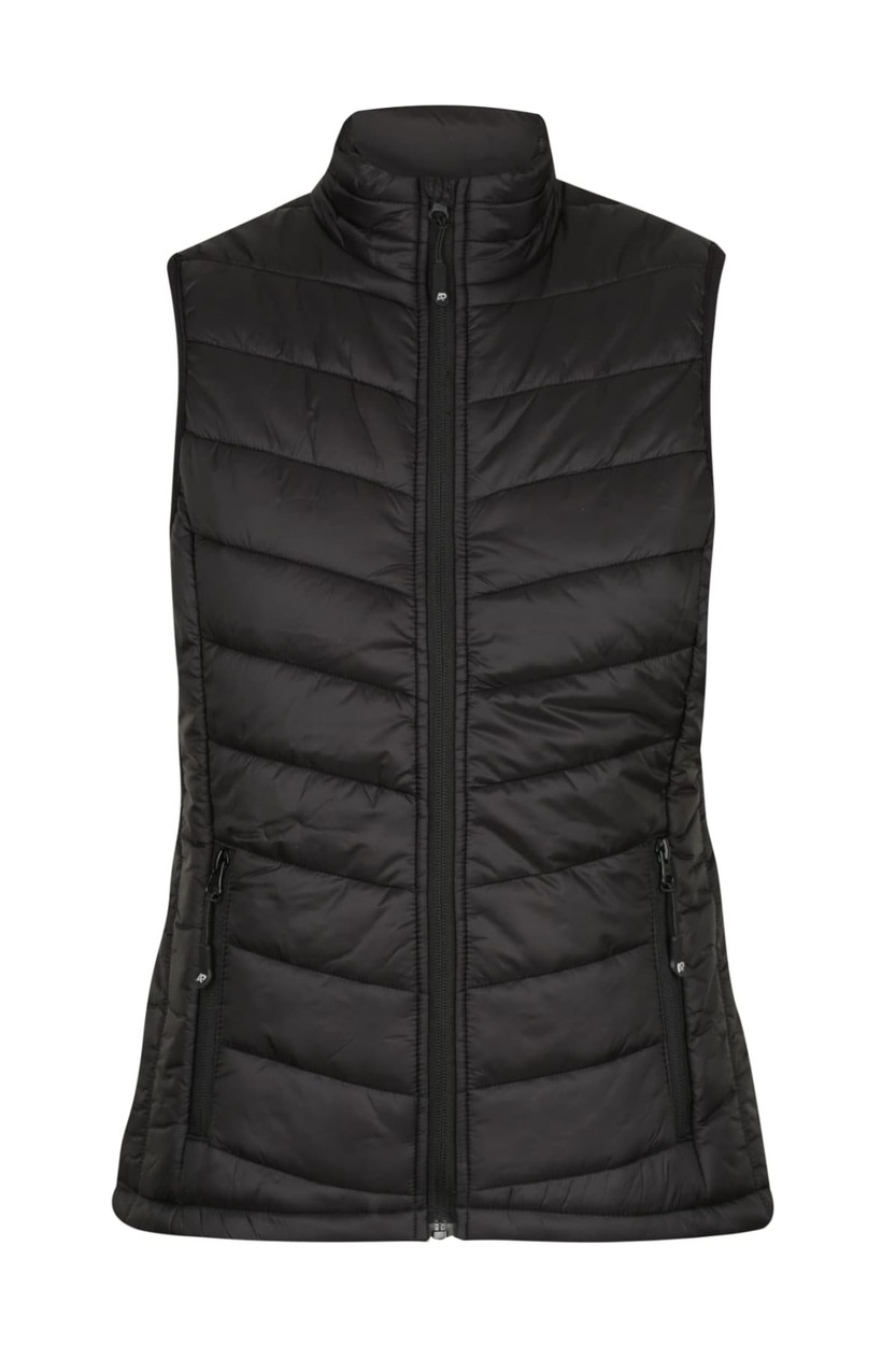 A black puffy vest with a high collar and zippered front, featuring side pockets and a fitted design.