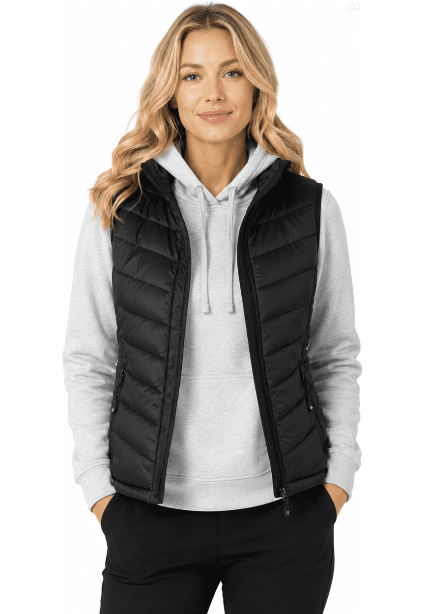 A black puffer vest worn over a grey hoodie, featuring a zip closure and a logo on the chest.
