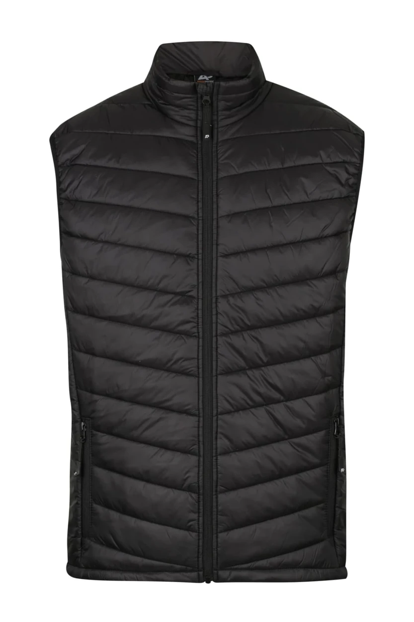 A black insulated work vest with a quilted design and zippered pockets. It features a high collar and a branding logo.