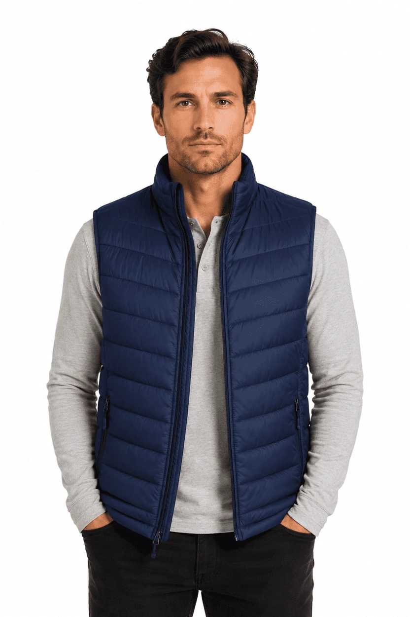 A man models a navy blue puffer vest over a light grey long-sleeve shirt, featuring a branded logo.