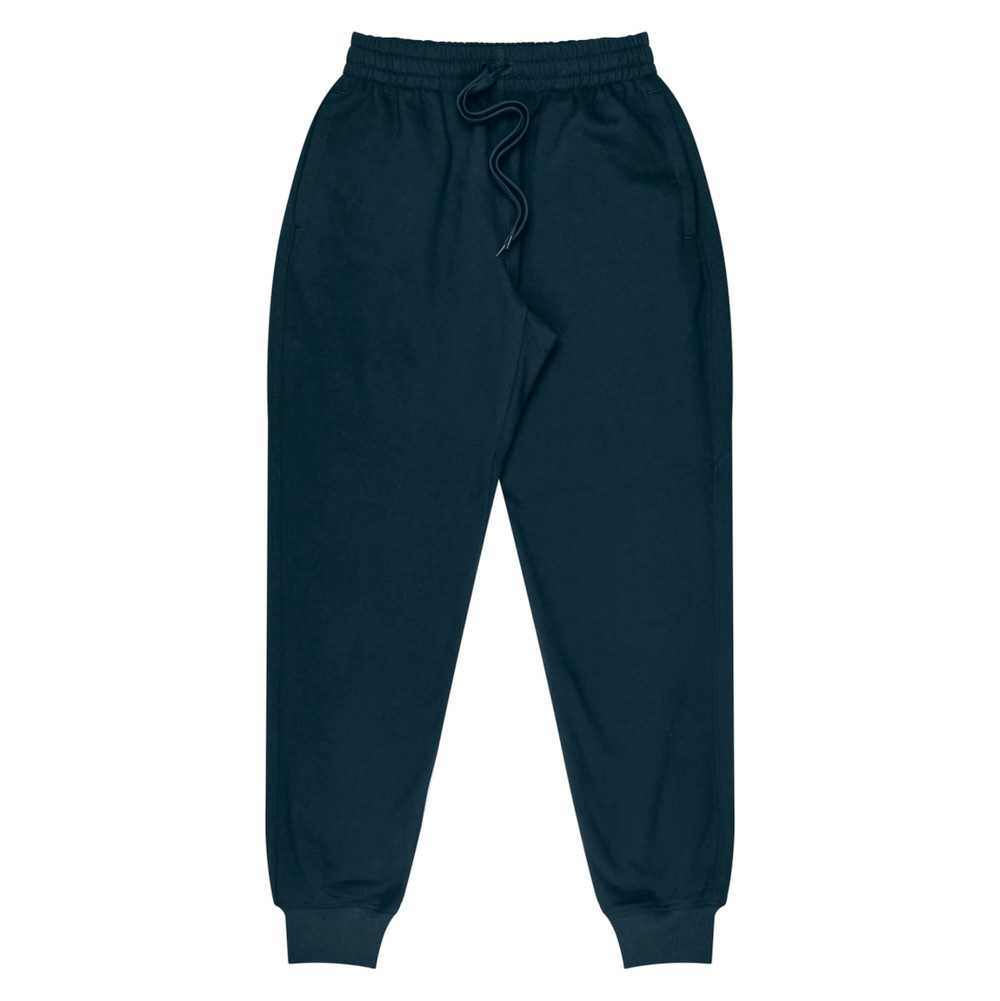 Tapered fleece pants in dark navy with an elastic waistband and side pockets. Features a logo.