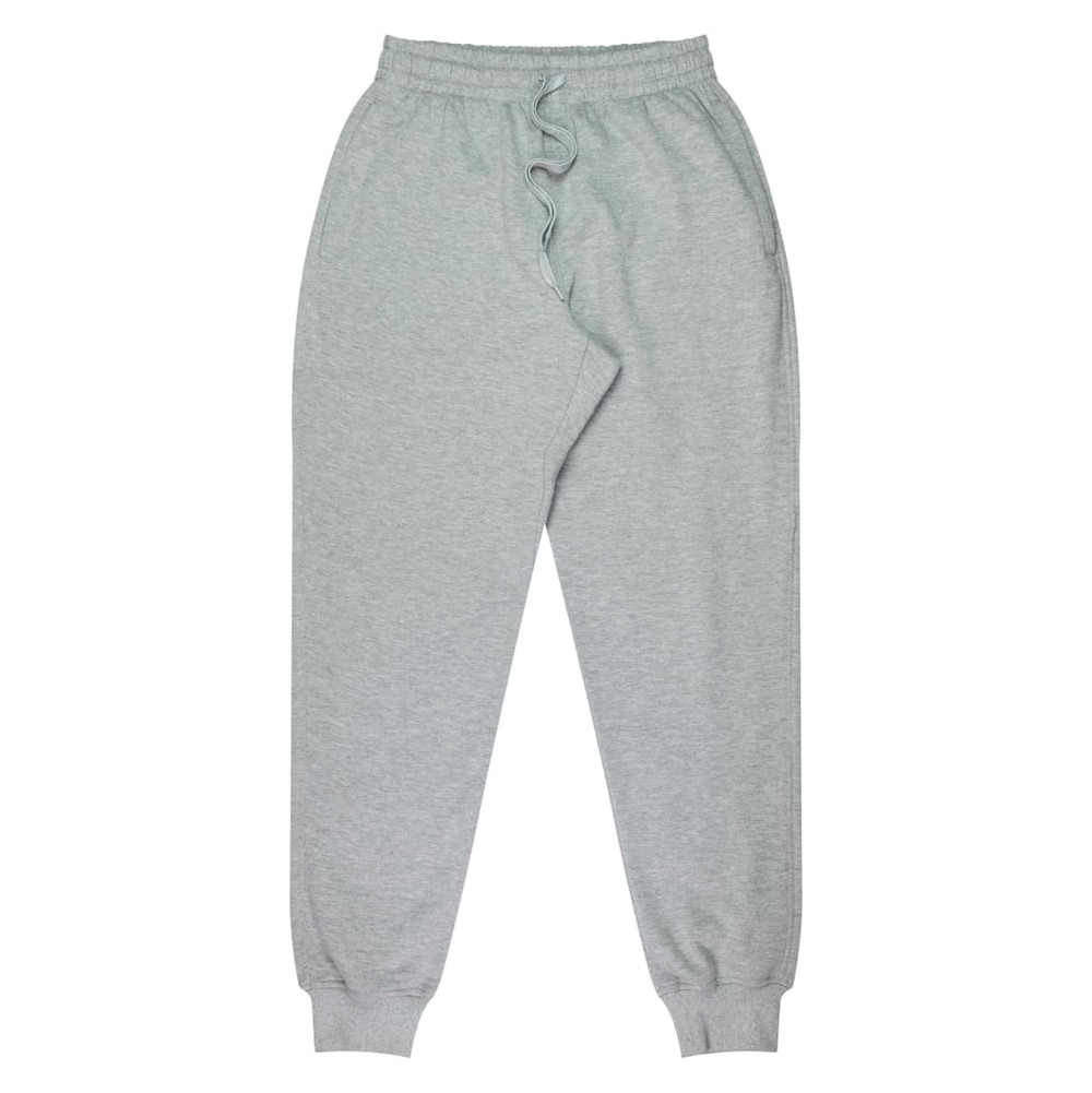 Tapered fleece kids' pants in light grey, featuring an elastic waistband and cuffs, with a small logo.