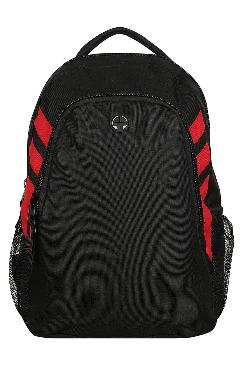 A black backpack with red stripes, featuring a logo and side mesh pockets. Suitable for carrying personal items.