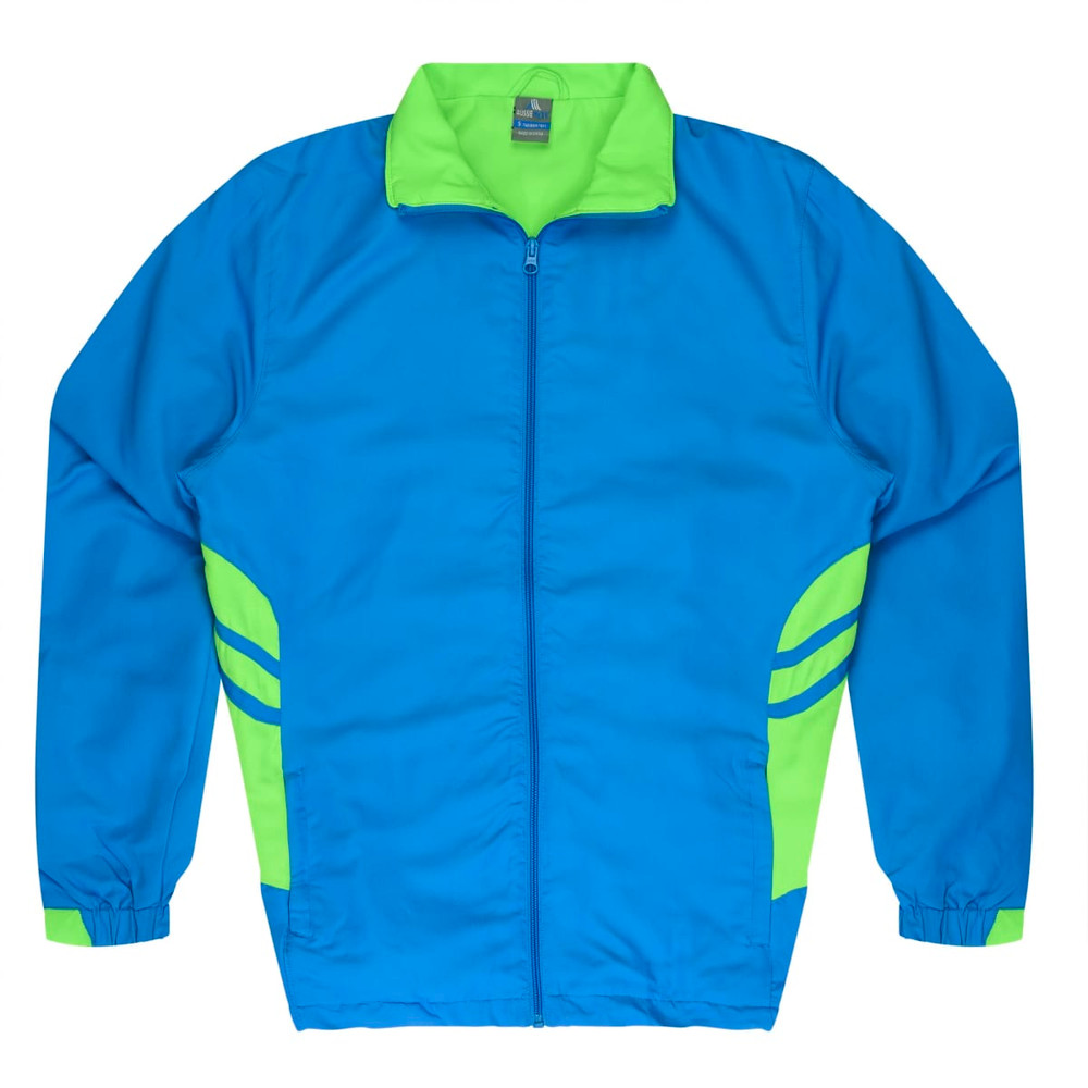A blue jumper with a green collar and side accents, featuring a zip front and elastic cuffs.