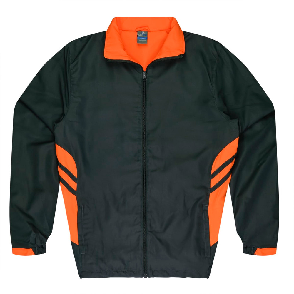 A dark green tracktop with orange accents and a zip front. The design features three stripes on the sides and a collar.