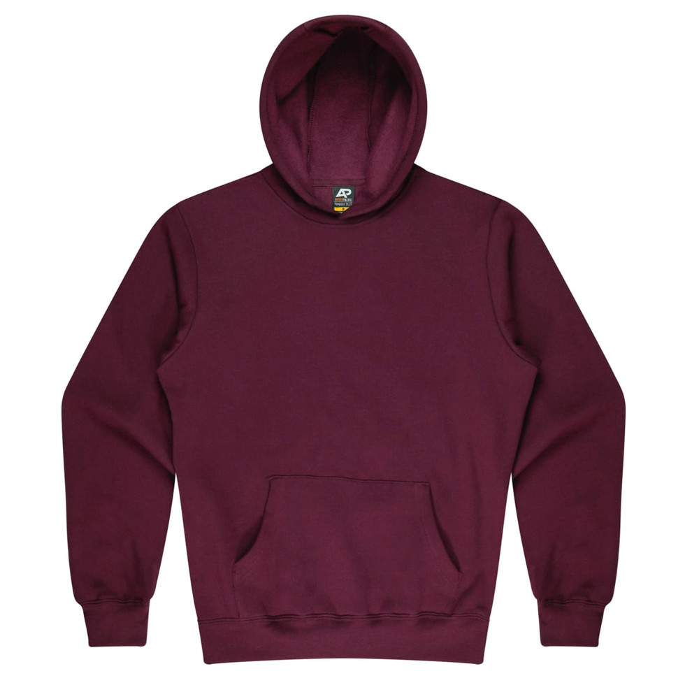 A maroon kids' hoodie featuring a front pocket and a large hood. The hoodie includes a logo on the inside label.