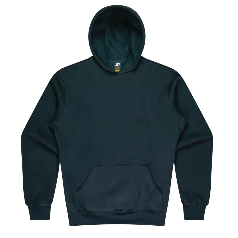 A dark green hoodie featuring a front pocket and a lined hood, with a logo on the interior label.
