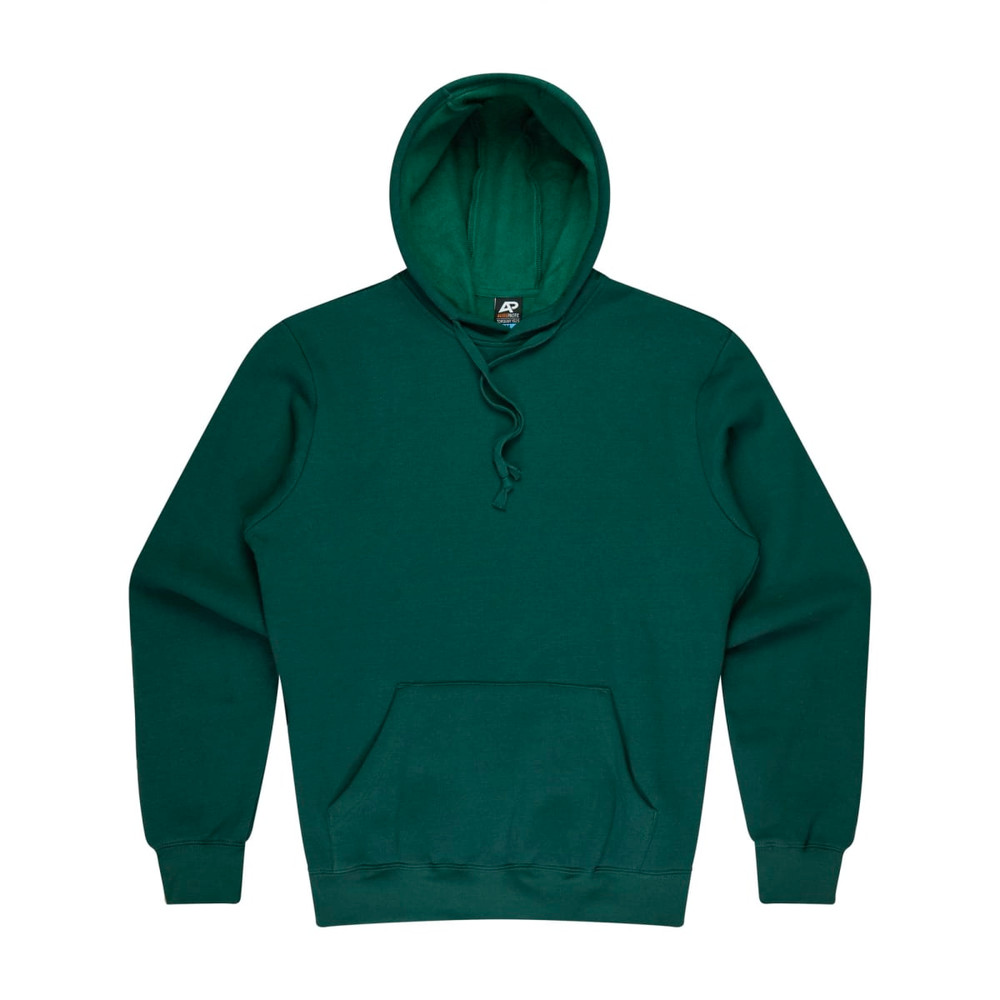 A green men's hoodie with a front pocket and a drawstring hood, featuring a logo on the label.