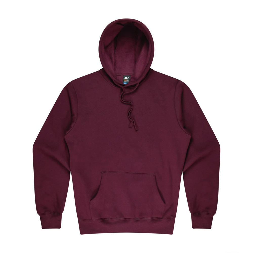 A maroon men's hoodie featuring a front pocket and a drawstring hood. It has a logo on the label.