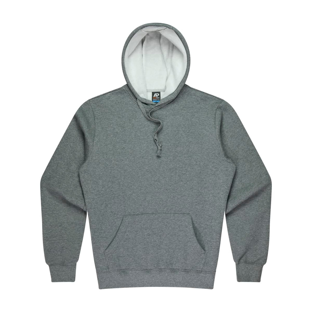 A grey hoodie with a white interior lining and a front pocket. It features a logo on the chest area.