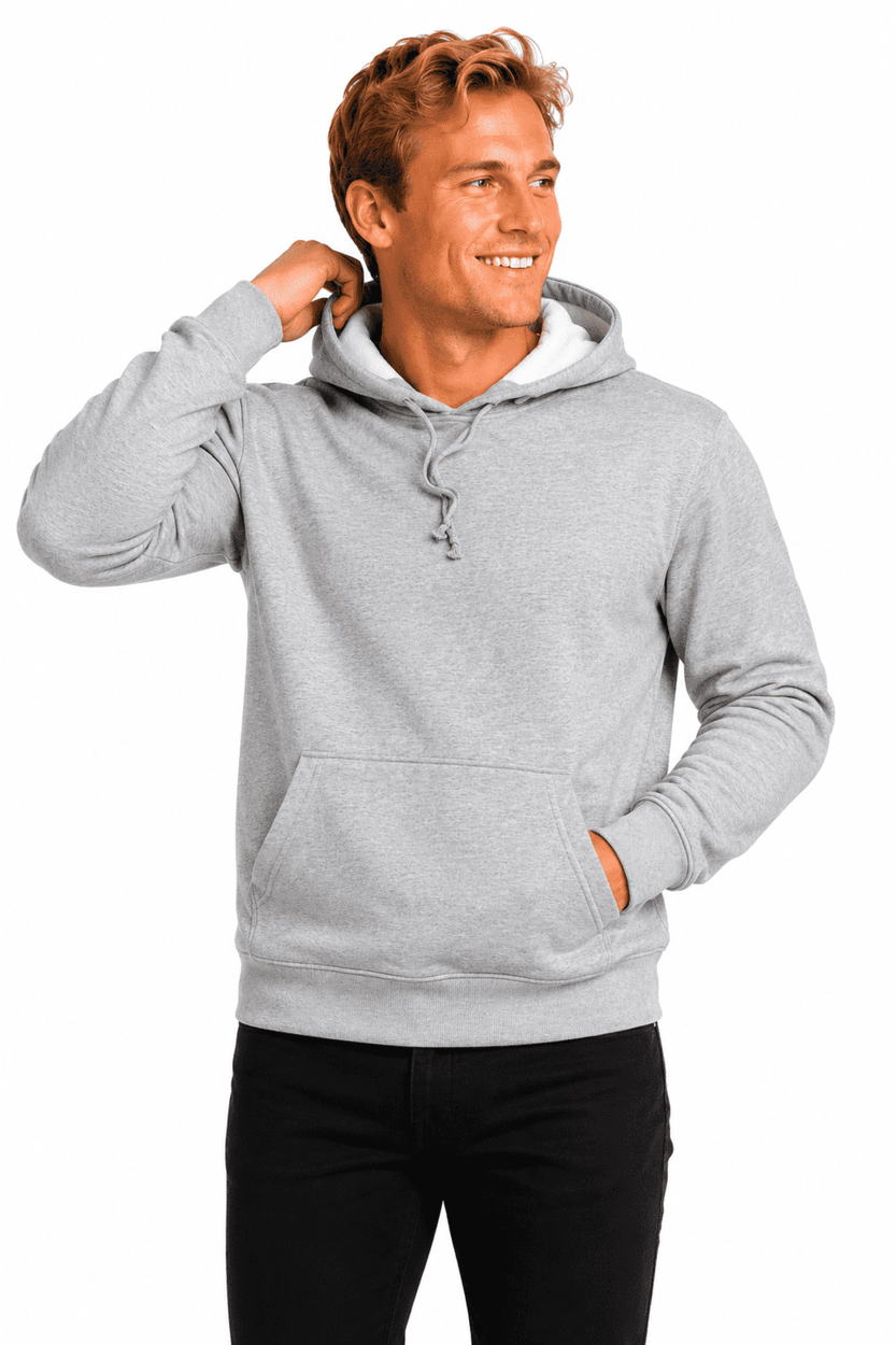 A grey men's hoodie featuring a front pocket and a drawstring hood, worn by a smiling man.