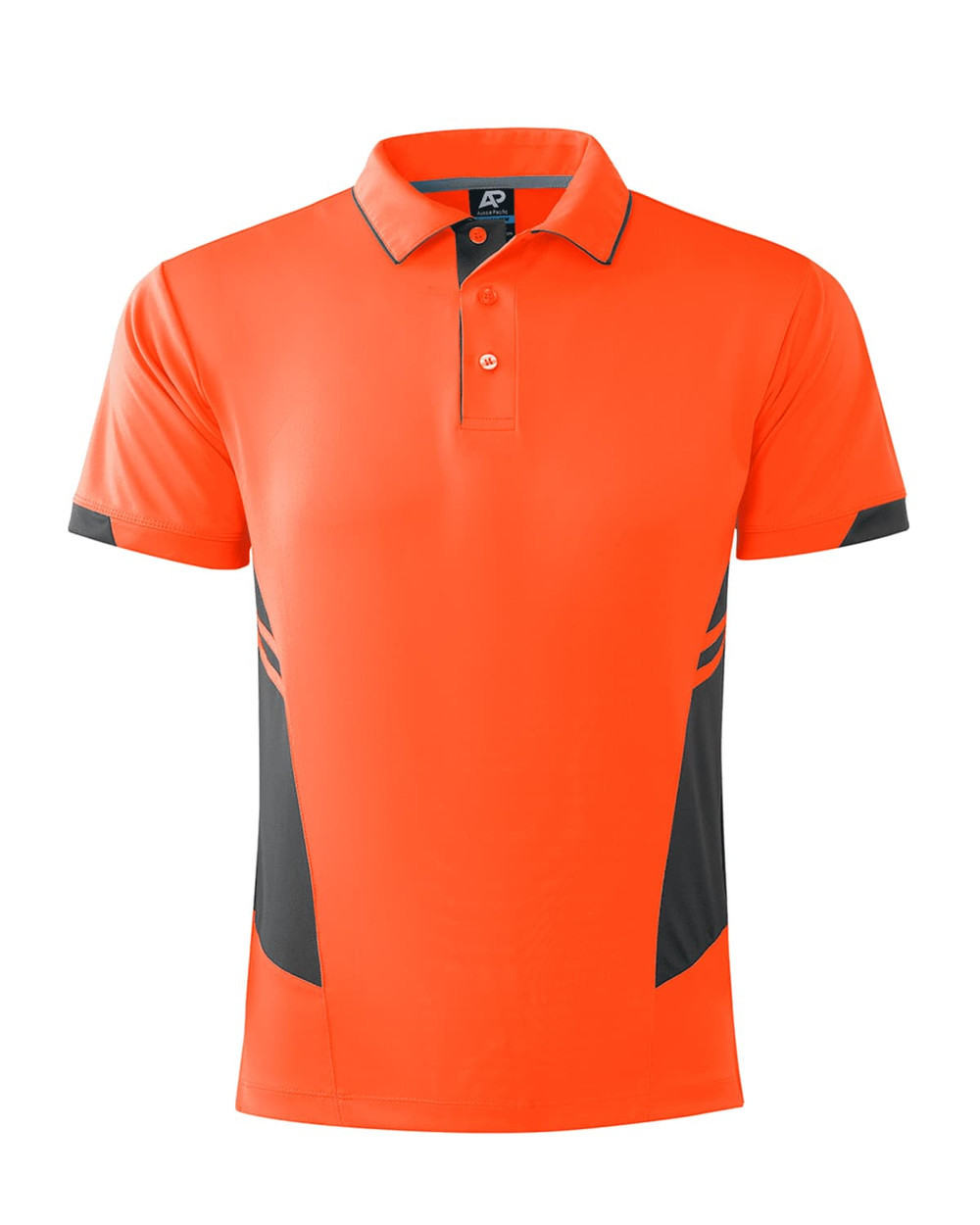 A vibrant orange polo shirt featuring dark grey accents and a logo on the collar. Suitable for casual wear.