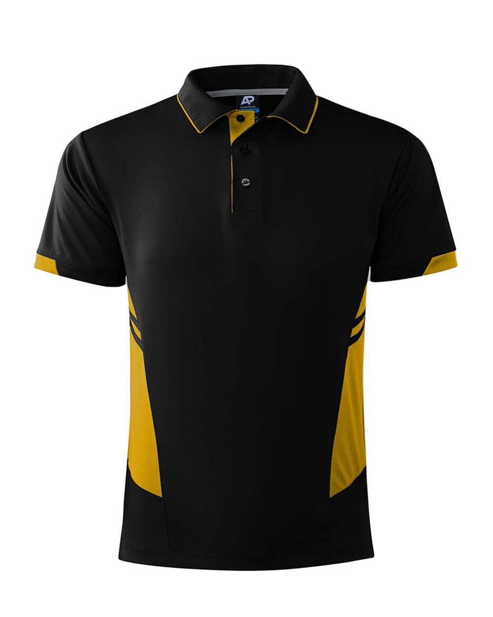 A black and yellow polo shirt featuring short sleeves and a collar, including a logo on the front.