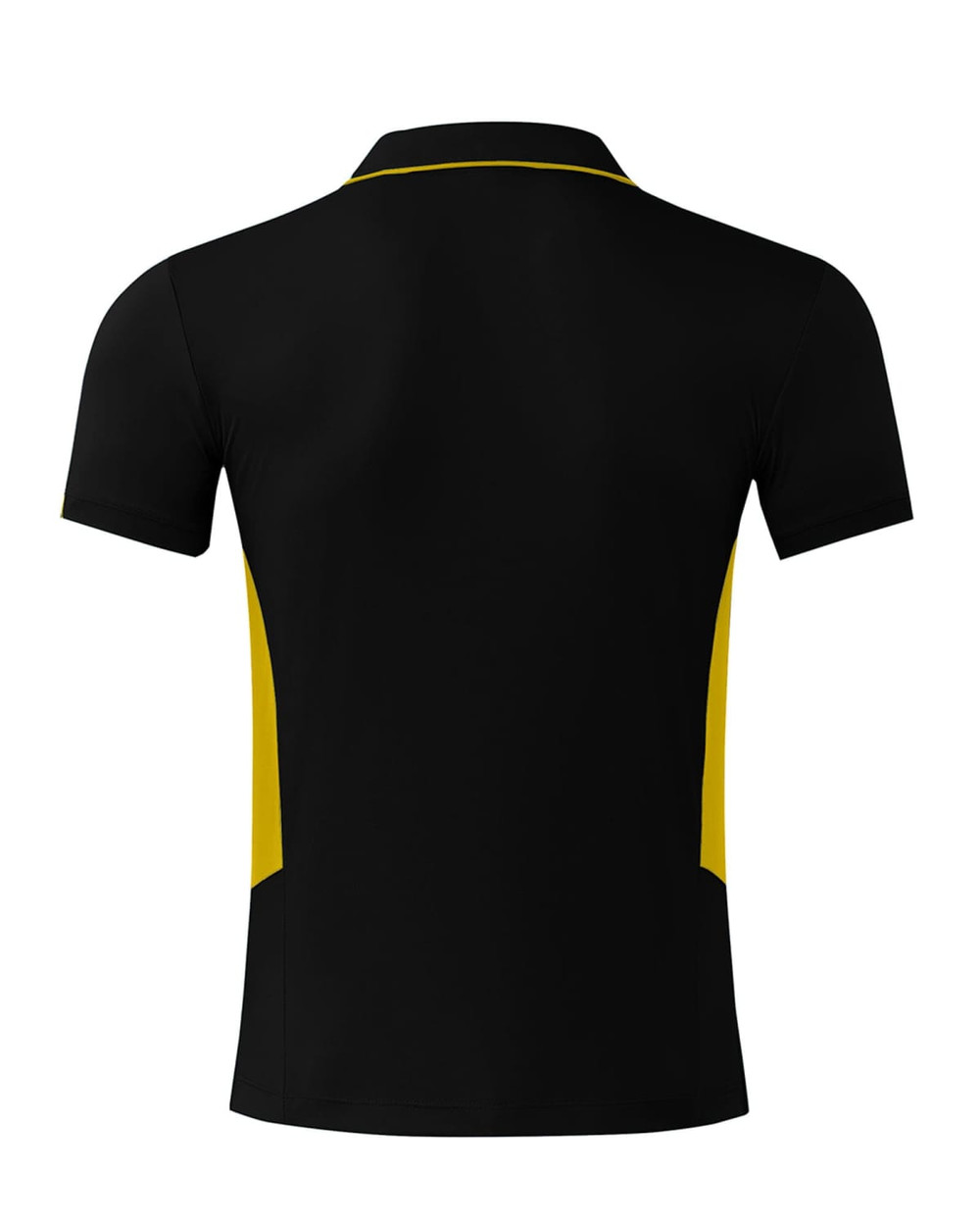 A black polo shirt with yellow side panels and a collar, featuring a logo on the back.