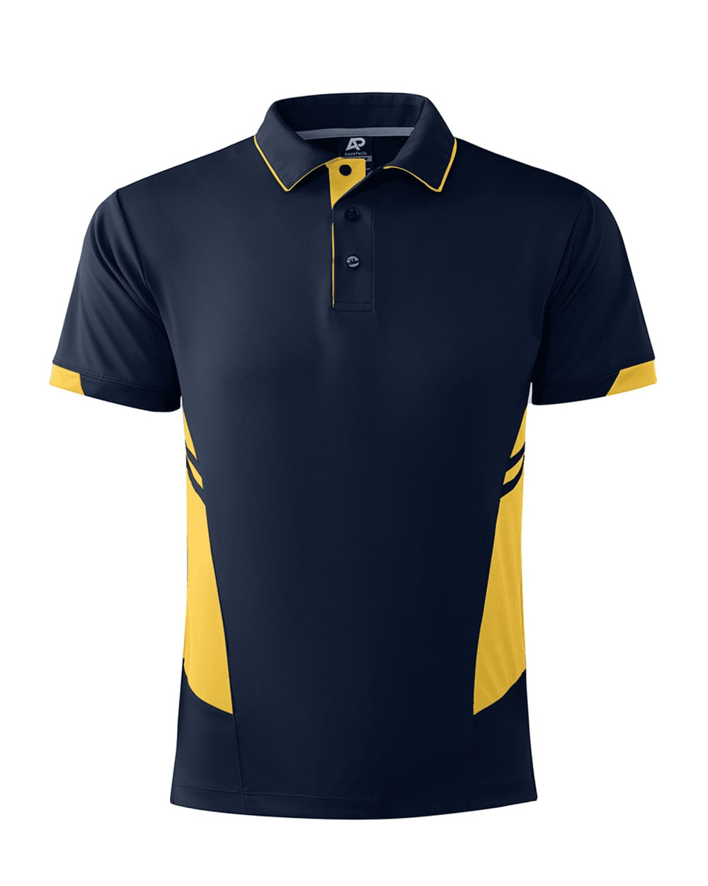 A navy blue and yellow polo shirt featuring a collar and short sleeves, with colour accents on the sides and a logo.
