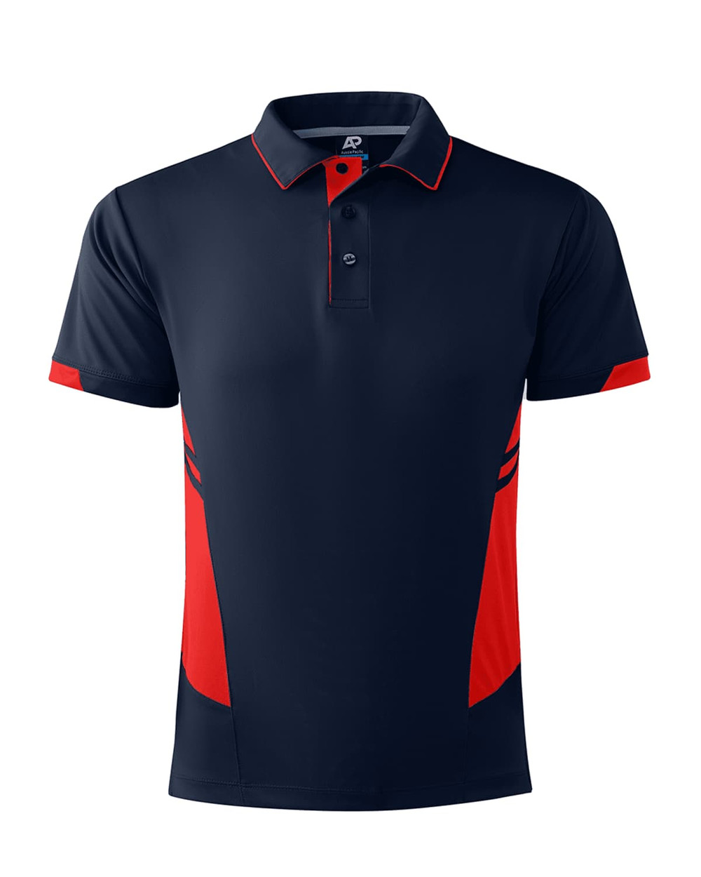 A navy and red men's polo shirt with a collar and short sleeves, featuring contrasting side panels and a logo.