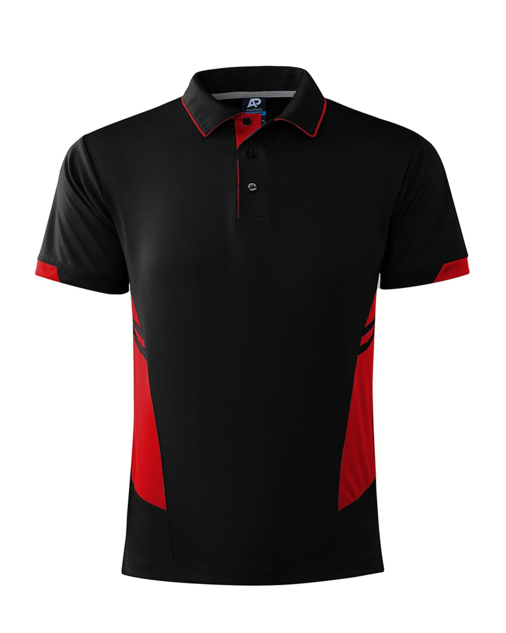 A black and red polo shirt with a collar, featuring contrasting side panels and a logo.