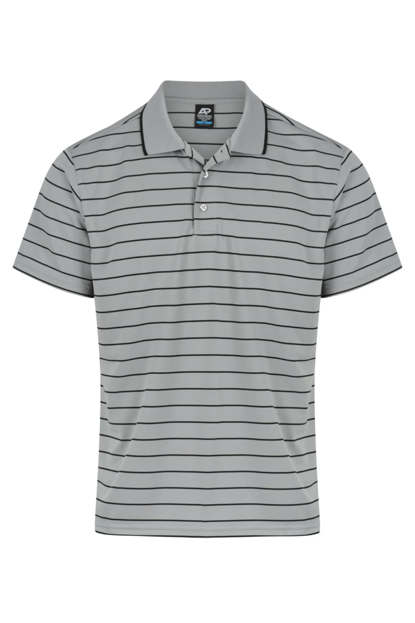 A grey striped polo shirt featuring a collar and short sleeves, with a logo on the label.