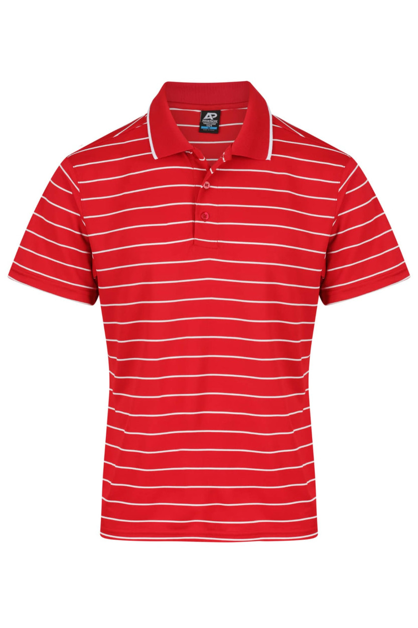 A red polo shirt with white horizontal stripes and a collar. The shirt features a logo on the front.
