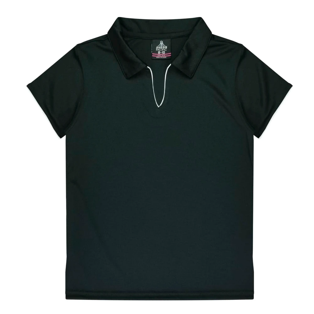 A dark green polo shirt with a collar and a white accent detail. It has a logo on the inner label.