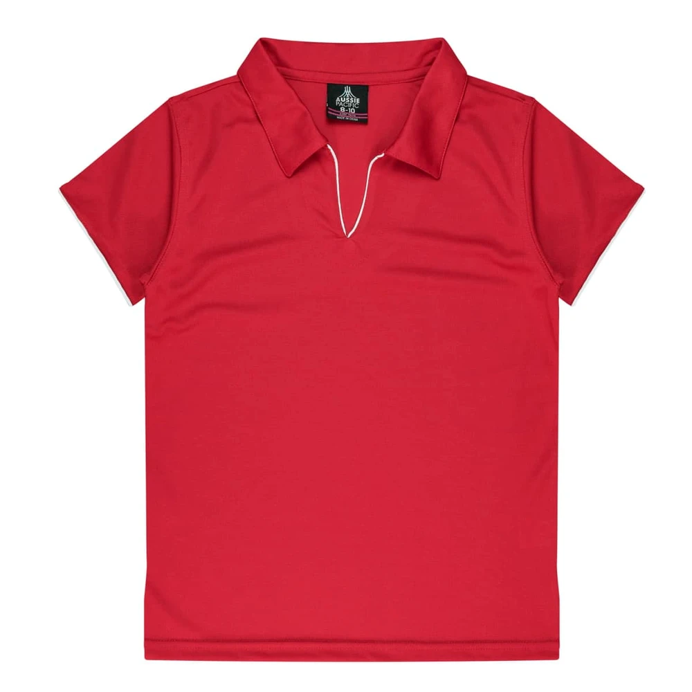 A red polo shirt with a v-neck design, featuring a collar and a logo on the label.