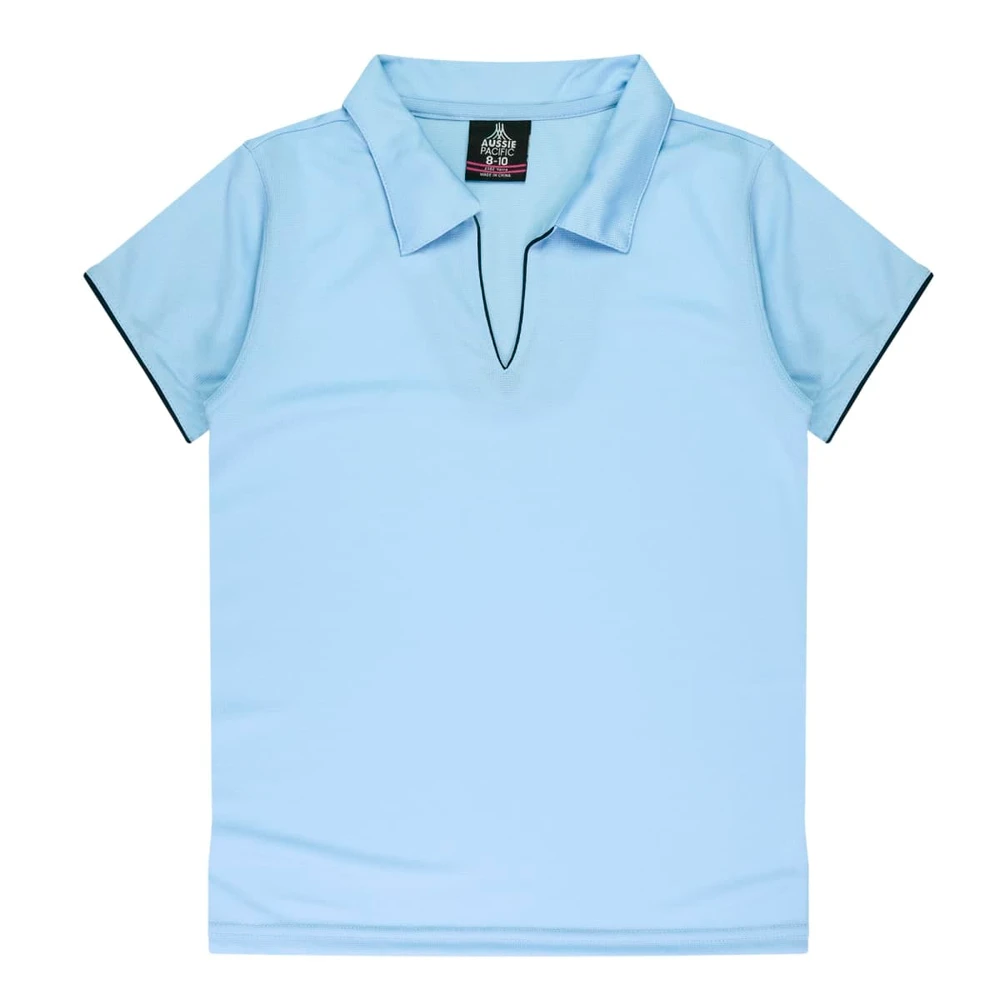 Light blue polo shirt with a collar and contrasting black detailing, featuring a logo.