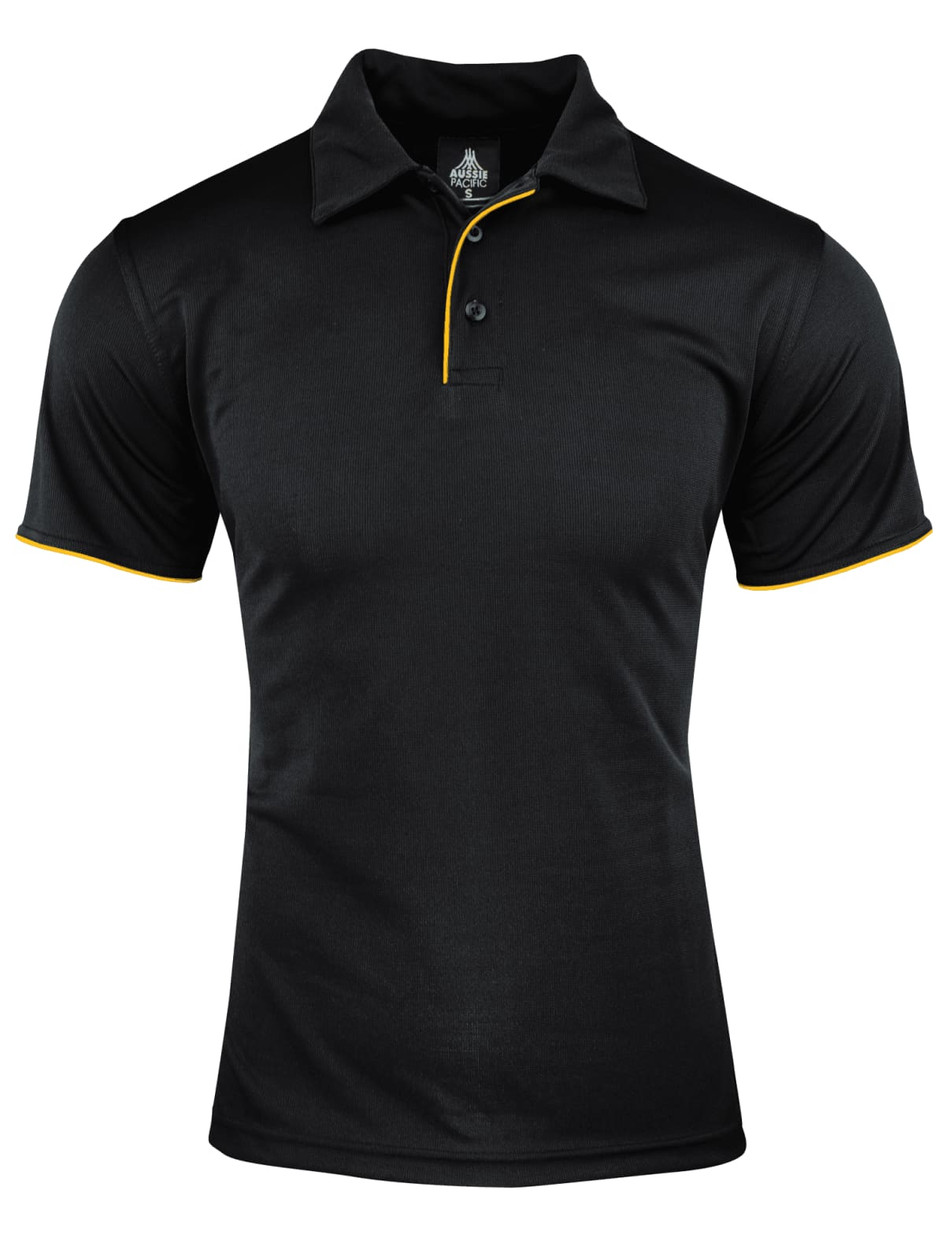 A black polo shirt featuring a yellow trim and a collar, with a logo on the label.