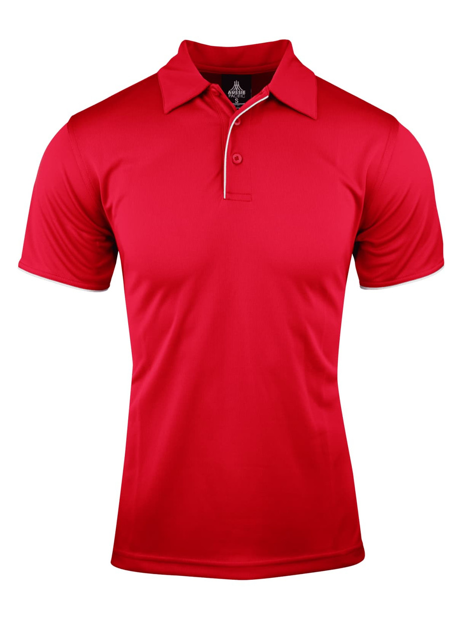 A red polo shirt with a collared neck and short sleeves, featuring a logo on the chest.